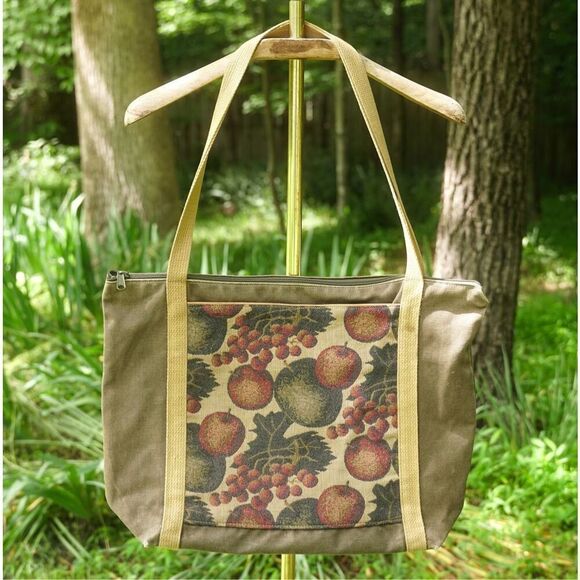 Vintage 90s Handmade Medieval Fruit Tapestry Tote Bag - Picture 1 of 7